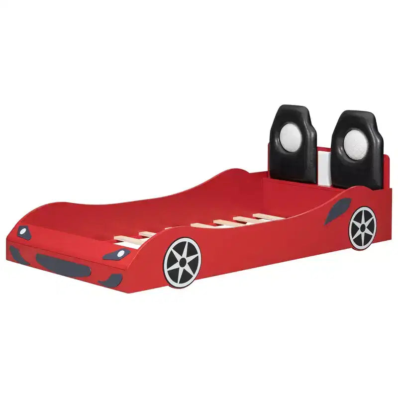 Whisen Wood Twin Size Race Car-Shaped Platform Bed with LED and Upholstered Backrest