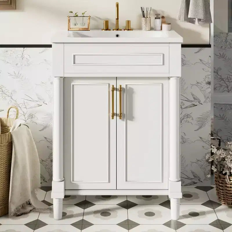 Vanity tal-kamra tal-banju ta’ 24 b’sink taċ-ċeramika, kabinett Shaker, 2 bibien b’għeluq artab u qafas tal-injam solidu għal kamra tal-banju żgħira jew powder room