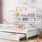 Acekool Hausbettgestell in Full-Größe mit ausziehbarem Twin-Bett, Schubladen und Regalen, Dach und Zaun, Kinderplattformbett, Weiß
