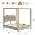 Hemelbedframe voor queensize bed met palen, hoekbeugels voor 4 hoeken, ondersteuning met latten van massief hout, geen boxspring nodig, geluidloos