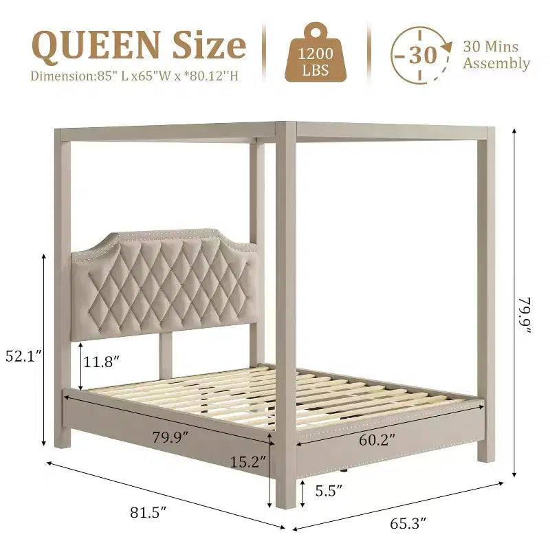 Hemelbedframe voor queensize bed met palen, hoekbeugels voor 4 hoeken, ondersteuning met latten van massief hout, geen boxspring nodig, geluidloos