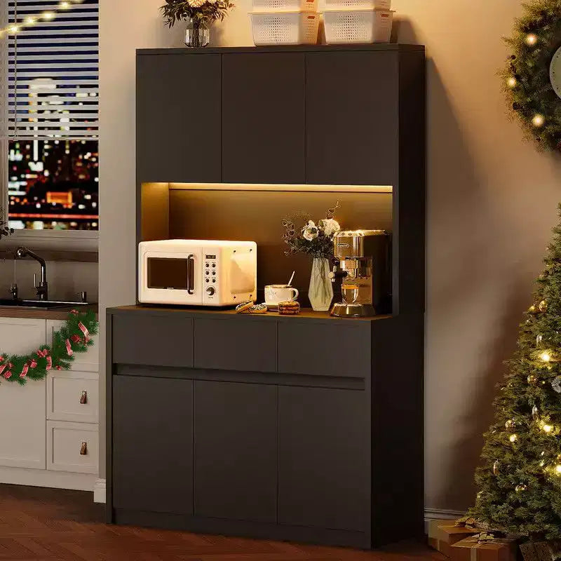 Keukenkast van 71 inch, opbergkast met bovenkast, ledverlichting en stopcontacten, buffetkast met magnetronstandaard en verstelbare planken