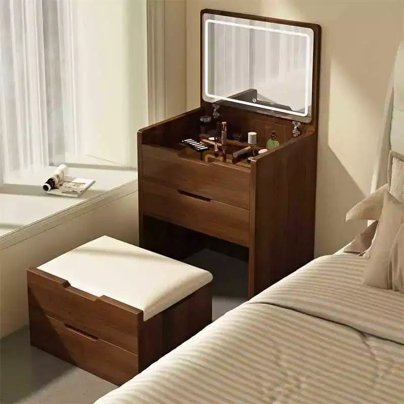 Toeletta 3-in-1 Okak con specchio ribaltabile, toeletta compatta con piano in vetro trasparente e sgabello imbottito, scrivania da toeletta per camera da letto