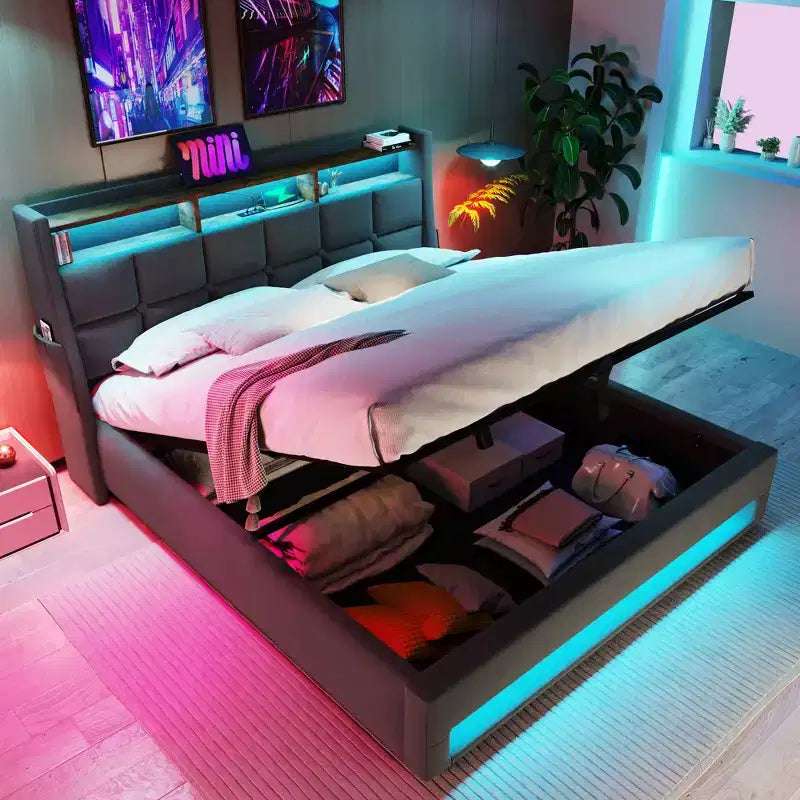Letto matrimoniale queen size con contenitore idraulico, LED, USB, testiera imbottita, senza rete a doghe, facile da montare