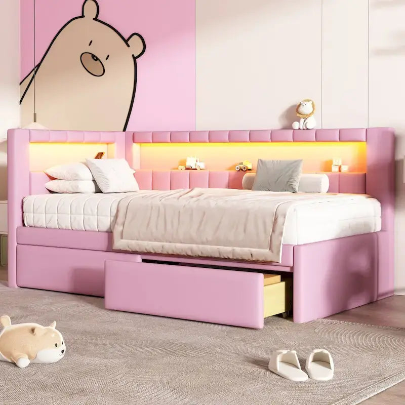 Gestoffeerd platformbed met USB-poorten en ledverlichting - bedframe voor tweepersoonsbed/twin-size met 2 opberglades - moderne slaapkamer