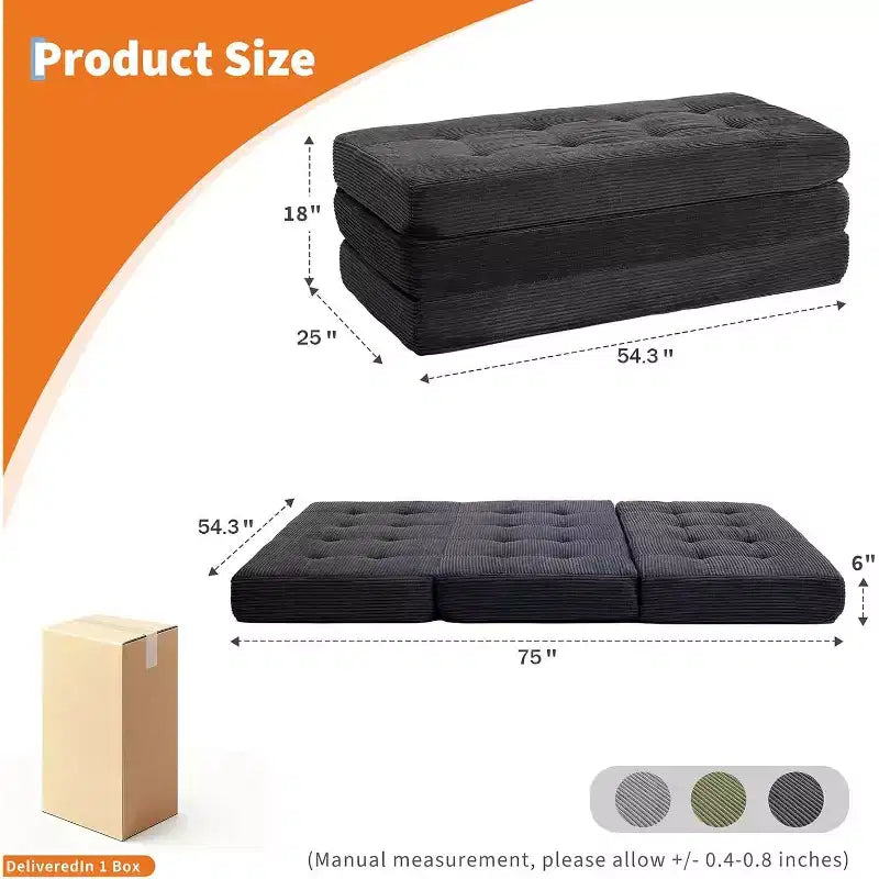 Divano letto con materasso pieghevole a tre sezioni SunnyFurn da 15 cm, 190,5 x 138 cm, letto per ospiti pieghevole in schiuma con velluto a coste trapuntato, portatile per campeggio, soggiorno e camera da letto
