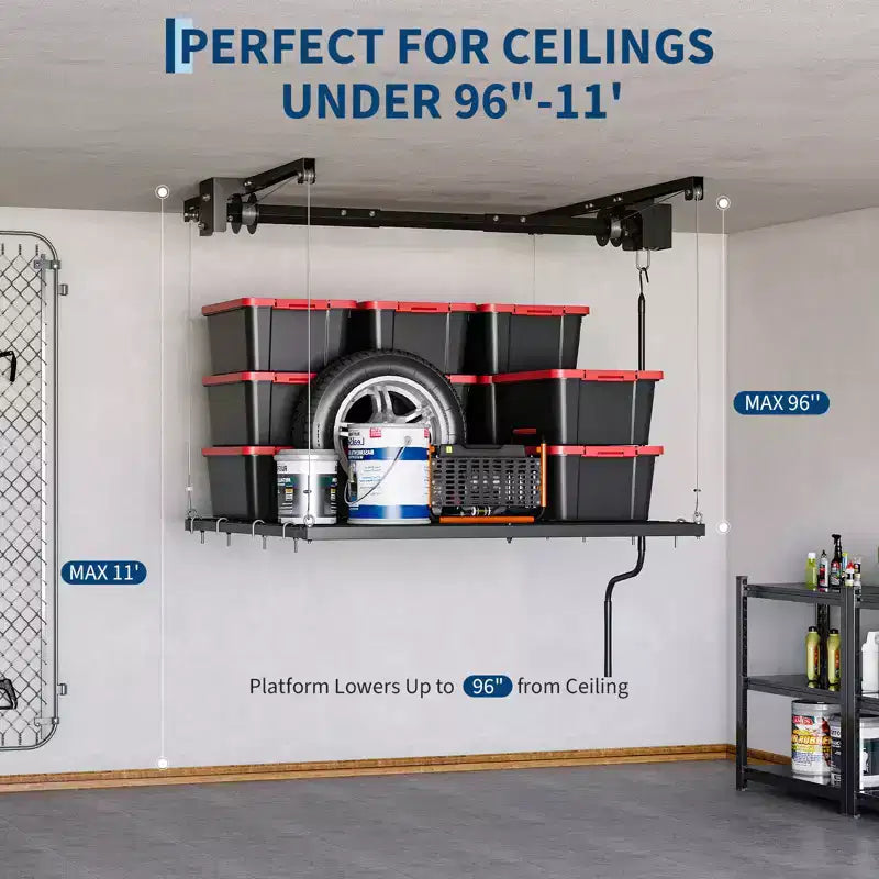 Verstellbares, strapazierfähiges Deckenregal für die Garagenaufbewahrung, deckenmontiert mit Sicherheitsverriegelung, Tragfähigkeit 250 lb für Boxen, Werkzeuge, Fahrräder und die Garage