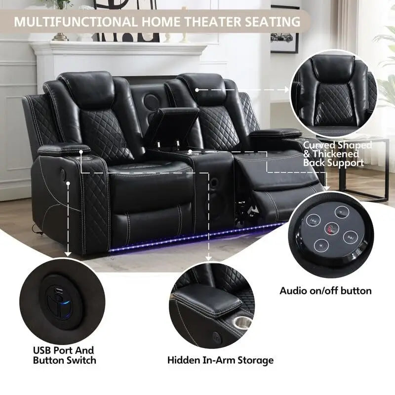 Elektrisch verstellbares Sofa mit kabellosem Ladegerät, Leselampe für das Wohnzimmer, Kunstleder, LED-Beleuchtung, AC-/USB-Anschluss und Getränkehalter, Schwarz