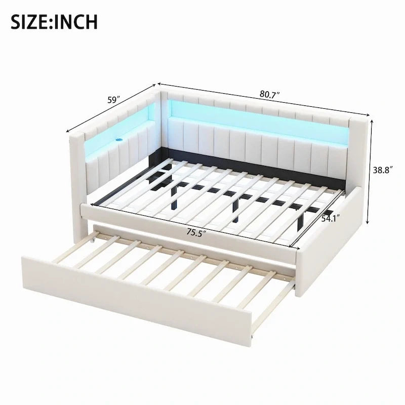 Gestoffeerd platformbed met USB-poorten en ledverlichting - bedframe voor tweepersoonsbed/twin-size met 2 opberglades - moderne slaapkamer