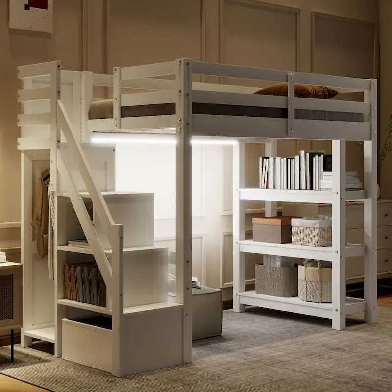 Hoogslaper voor Full/Twin-matras met opbergtreden – planken, kledingkast en ledverlichting, ruimtebesparend ontwerp