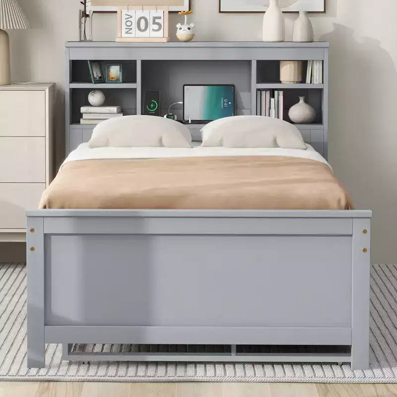 Podestbett mit Ausziehbett und Schubladen, Stauraum-Podestbett mit USB-Anschluss, Holz-Podestbett mit Bücherregal