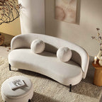 Divano curvo a 3 posti con cuscini sferici, misto lino beige