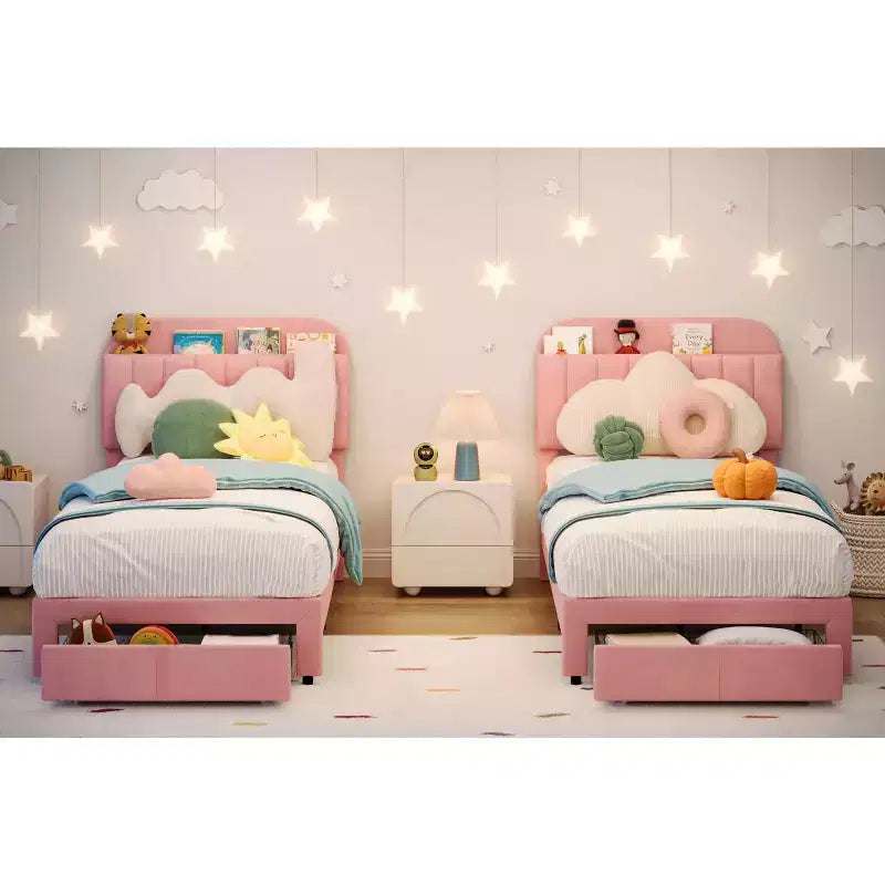 Struttura letto singolo doppio con 2 cassetti contenitore e testiera, rivestita in velluto, profilo basso, senza rumori, facile da assemblare, rosa