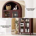 Tall Arched Storage Cabinet with Glass Doors, 5-Tier Display Bookcase with Adjustable Shelves for Kitchen or Living Room