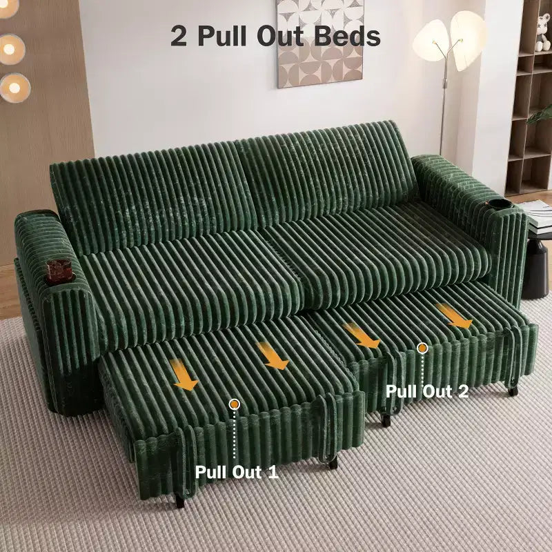 Dyonery 91 Eckschlafsofa mit ausziehbarem Bett, verstellbarer Rückenlehne, zwei ausziehbaren Betten, USB-Anschlüssen und Getränkehaltern, weicher Cordbezug