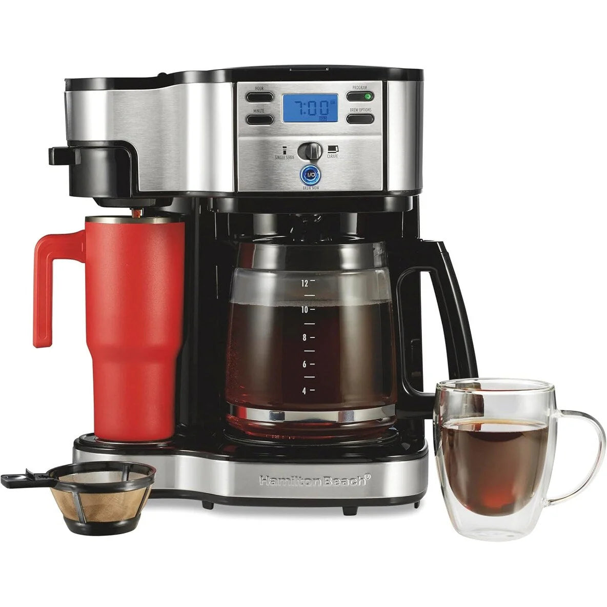 Kafè maker 2-Way ta’ 12-il tazza u single serve, buqar tal-ħġieġ, waqfien u tferriment awtomatiċi, iswed