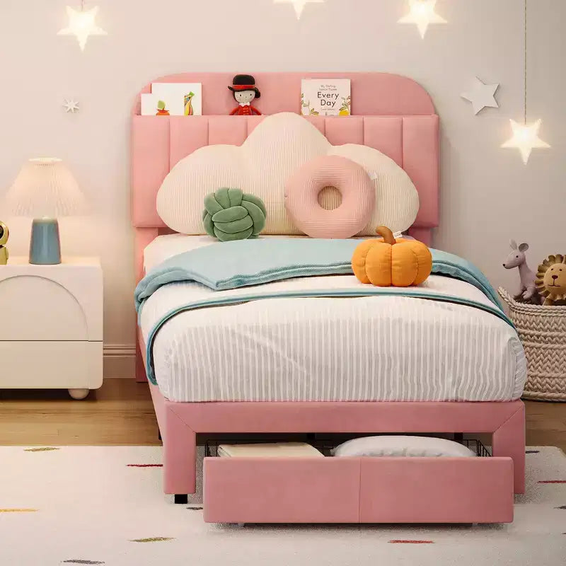 Struttura letto singolo doppio con 2 cassetti contenitore e testiera, rivestita in velluto, profilo basso, senza rumori, facile da assemblare, rosa