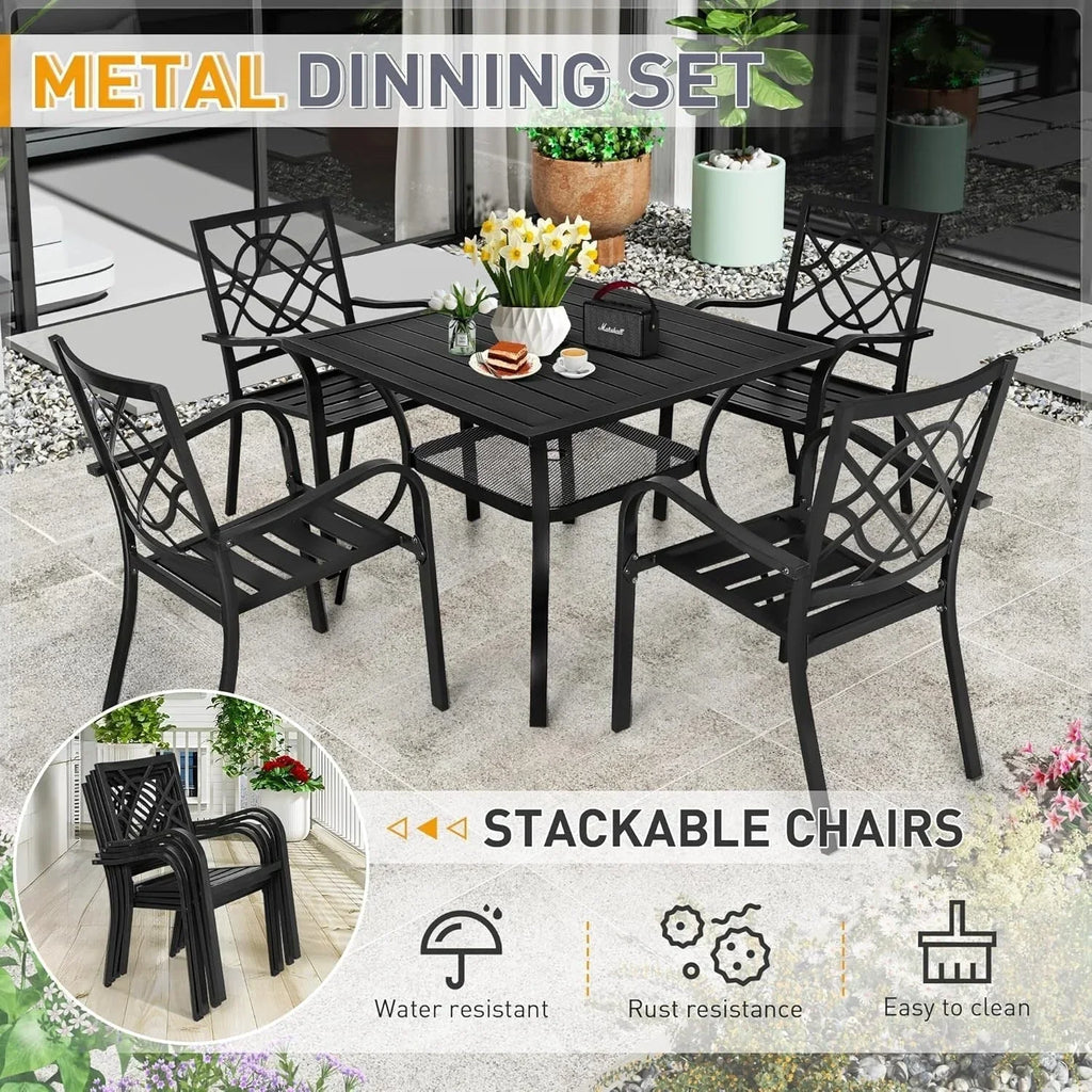 Set da pranzo SUNCROWN da esterno per patio, da 5/7 pezzi, in acciaio, con tavolo a doghe metalliche e sedie impilabili, struttura verniciata a polvere
