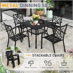Set da pranzo SUNCROWN da esterno per patio, da 5/7 pezzi, in acciaio, con tavolo a doghe metalliche e sedie impilabili, struttura verniciata a polvere