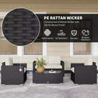 4-delige rotan loungeset, rieten terrasbankstel met loveseatstoelen en salontafel met glazen blad voor de tuin