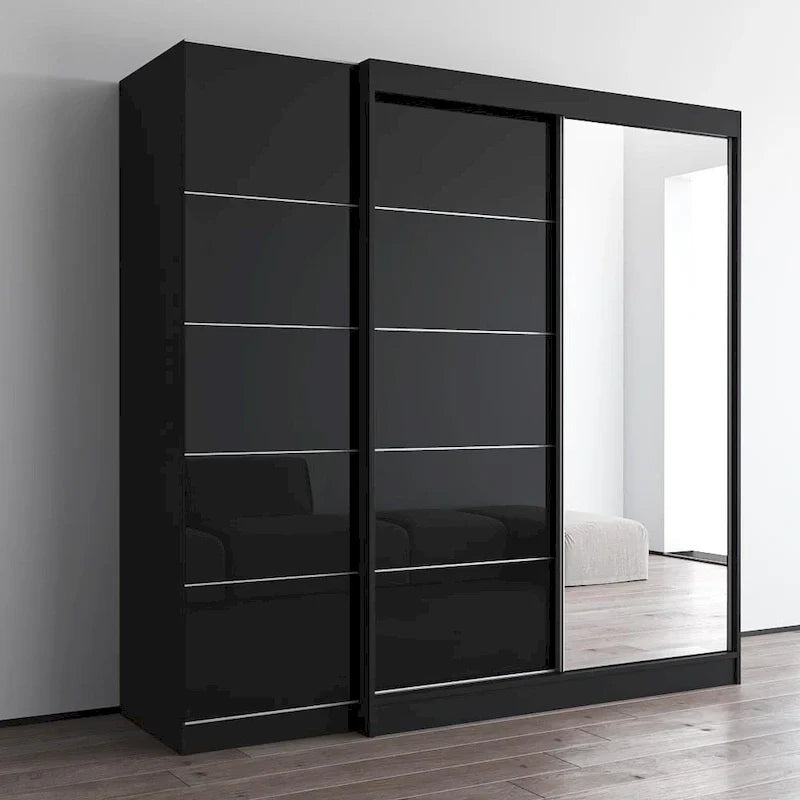 2-türiger Kleiderschrank mit Spiegel und Glasfront für 2 Personen (Grau/Schwarz/Weiß)