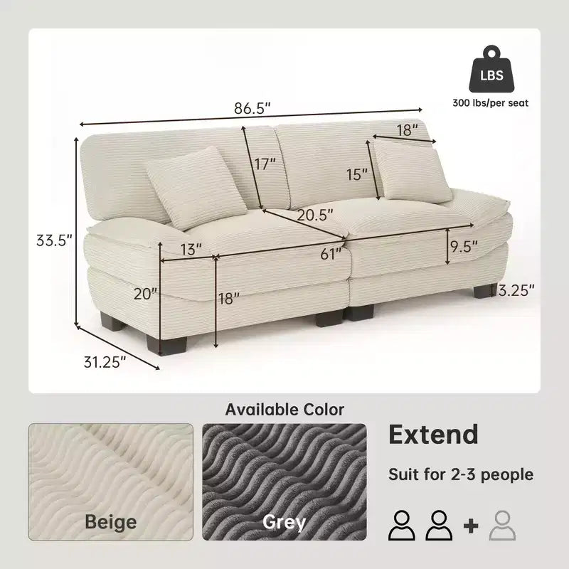 Bež sofa od samta duljine 87 s 2 jastuka, sofa s dubokim sjedalom u obliku jedrilice za dnevni boravak, male prostore, ured ili stan - Morden Fort