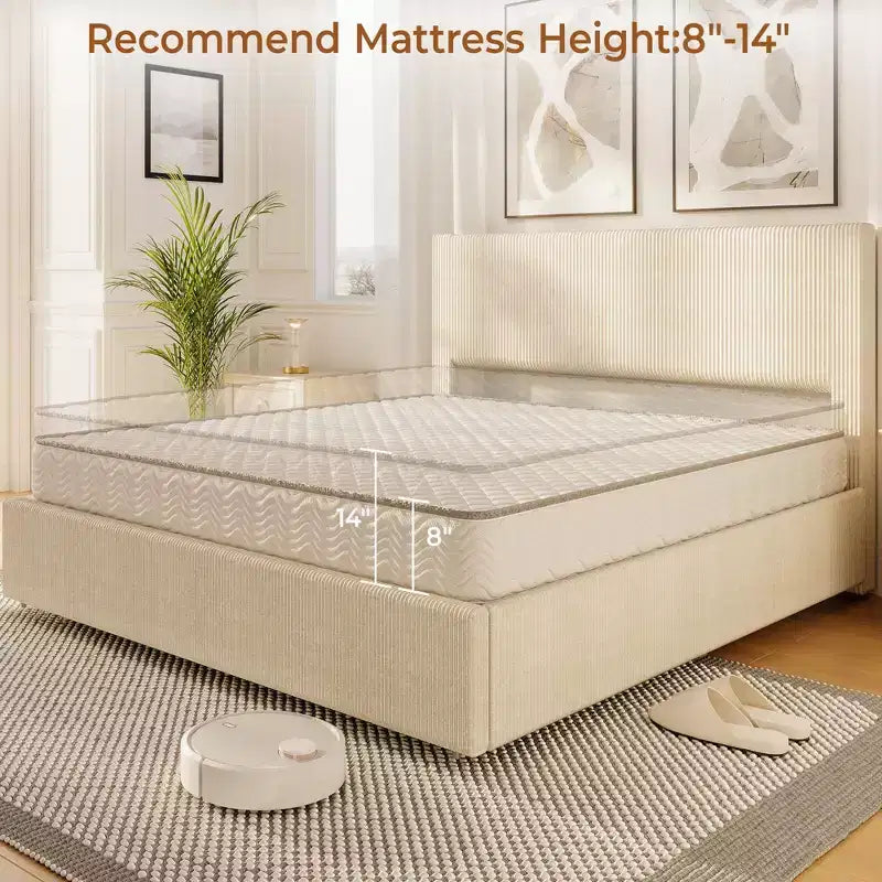 CuisinSmart-Bettgestell aus Cord mit Kopfteil, gepolstertes Podestbett mit 4 Aufbewahrungsschubladen und Lattenrost aus Holz