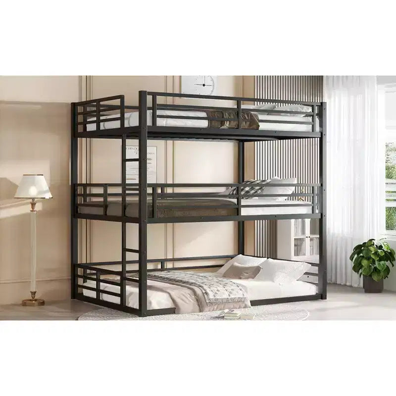 Dreifach-Etagenbett, Metall-Etagenbett in voller Größe mit Sicherheitsgeländern, robustes Etagenbett mit geräuschreduziertem Design, Schwarz