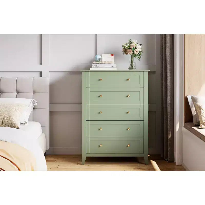 Hoge ladekast van 42,5 inch met 5 laden voor de slaapkamer, houten opbergkast met laden van 11,9 inch diep en gouden metalen knoppen, ideaal voor hal of entree