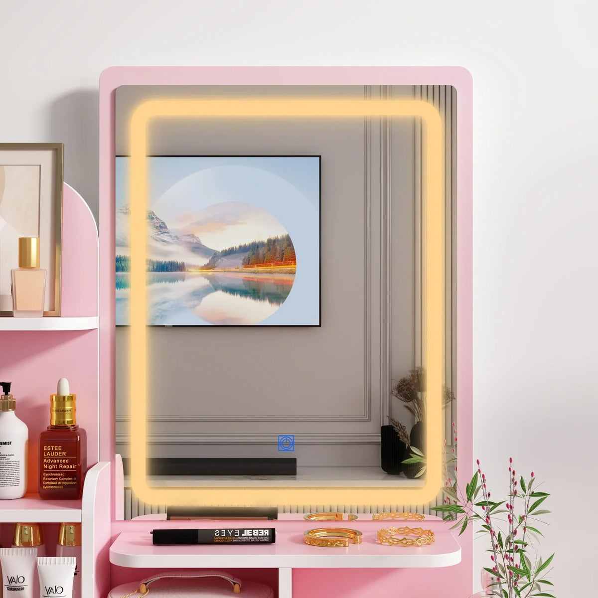 Set toaletnog stolića za šminkanje s LED svjetlom, ogledalom i tabureom