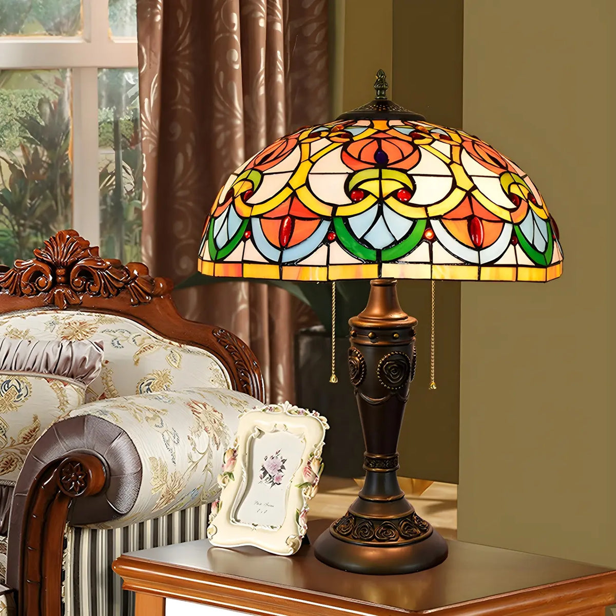 HomeyFad Vintage-Tischlampe mit 2 Leuchten, Edelstahlsockel und gläsernem Kuppelschirm