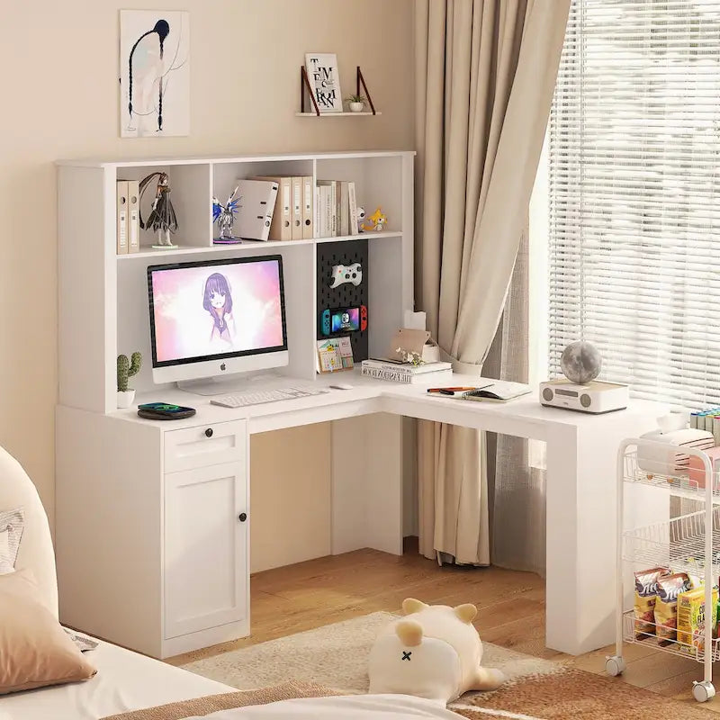 L-vormig bureau met stopcontact, computerbureau met laden, boekenkast en opzetkast, modern hoekbureau, bureau voor thuiskantoor
