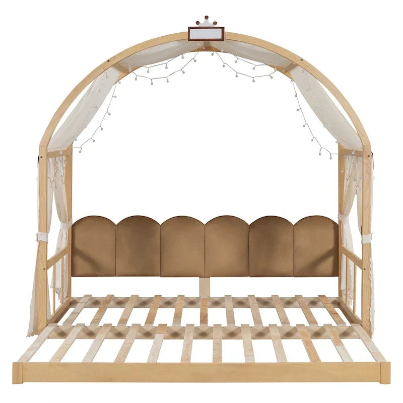 Letto Montessori a piattaforma in legno massello a forma di casetta, con tetto ad arco e letto estraibile, per bambine e bambini