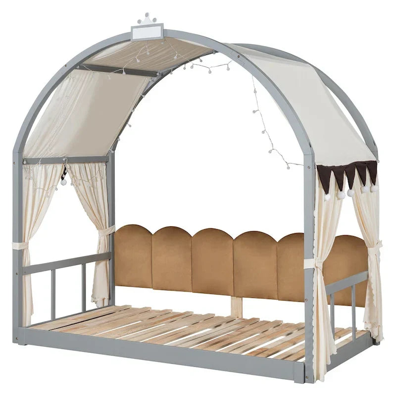 Letto Montessori a piattaforma in legno massello a forma di casetta, con tetto ad arco e letto estraibile, per bambine e bambini