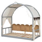 Letto Montessori a piattaforma in legno massello a forma di casetta, con tetto ad arco e letto estraibile, per bambine e bambini