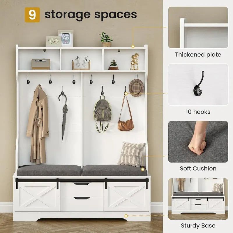 Appendiabiti da ingresso con panca e vano portascarpe, con anta in stile fienile
