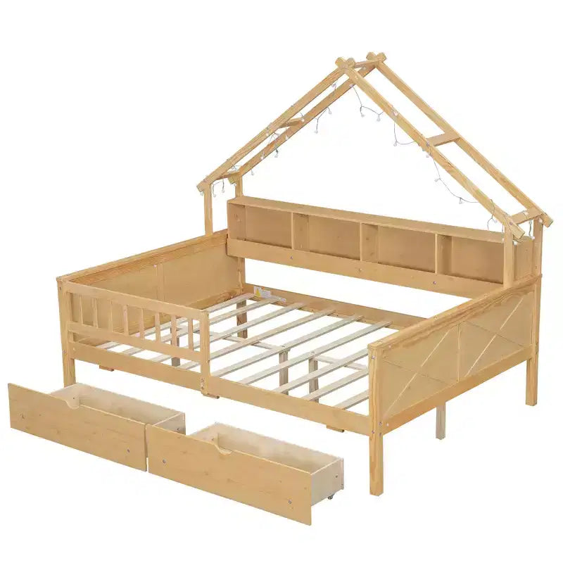 Struttura letto a casetta matrimoniale con cassetti, letto a piattaforma a casetta con luci LED, ripiani e cassetti contenitori, letto da giorno in legno con tetto e sponde di protezione