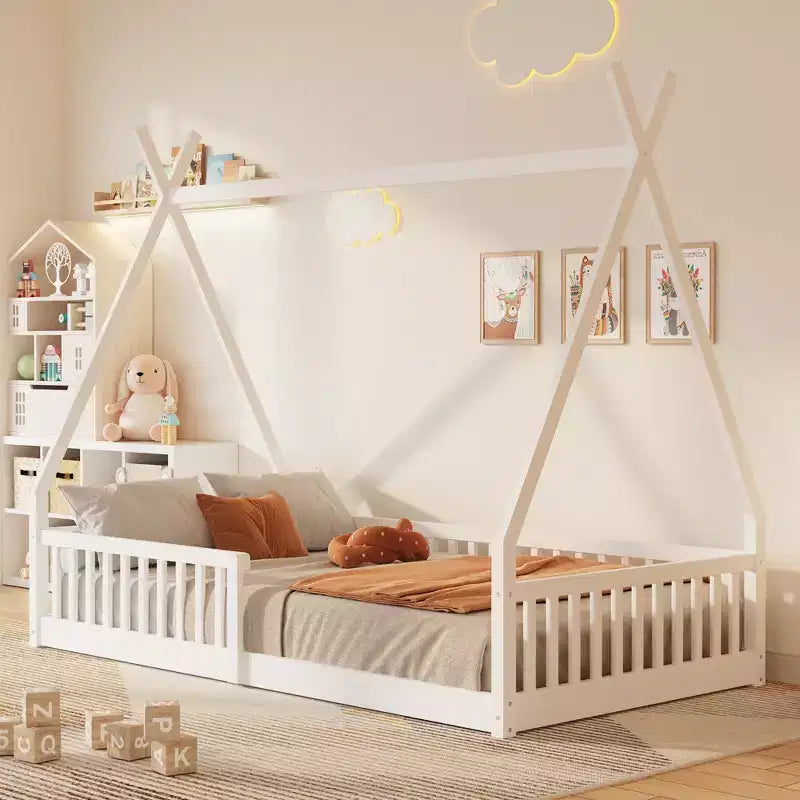 Sodda mal-art għat-tfal, sodod tat-tinda ta’ daqs Twin, sodda Montessori mal-art bi paletti u railings taċ-ċint, qafas tas-sodda tal-injam f’forma ta’ dar għas-subien u l-bniet
