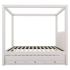 Full Size Linen Upholstery Canopy Platform Bed with Trundle and Three Storage Drawers
