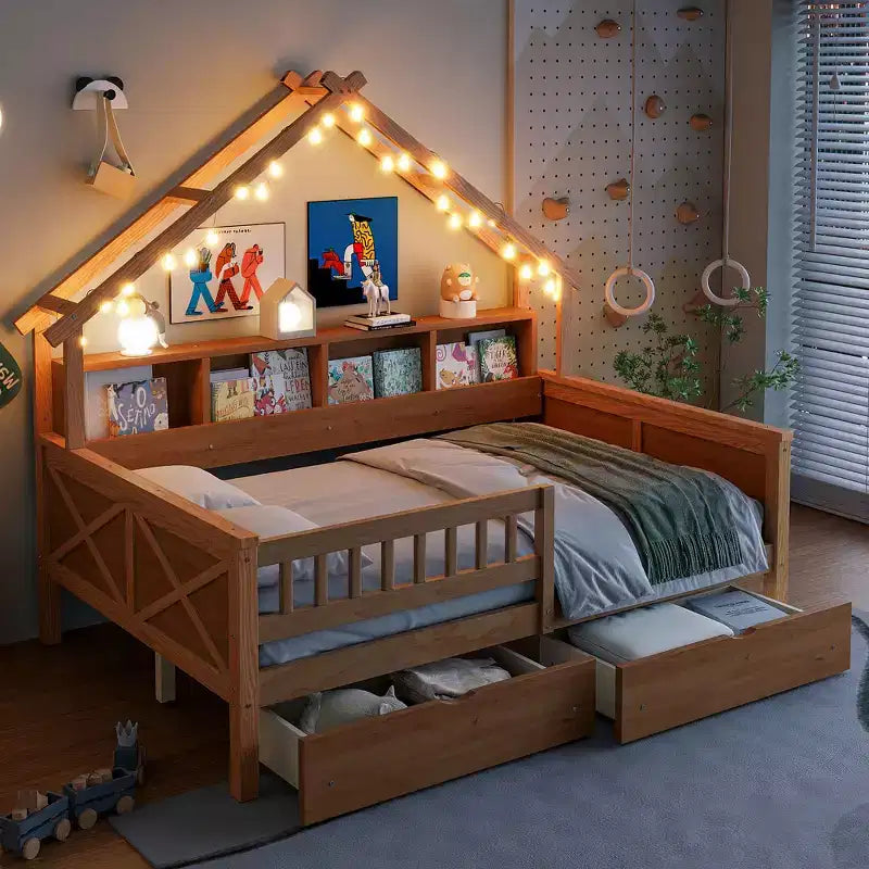 Struttura letto a casetta matrimoniale con cassetti, letto a piattaforma a casetta con luci LED, ripiani e cassetti contenitori, letto da giorno in legno con tetto e sponde di protezione