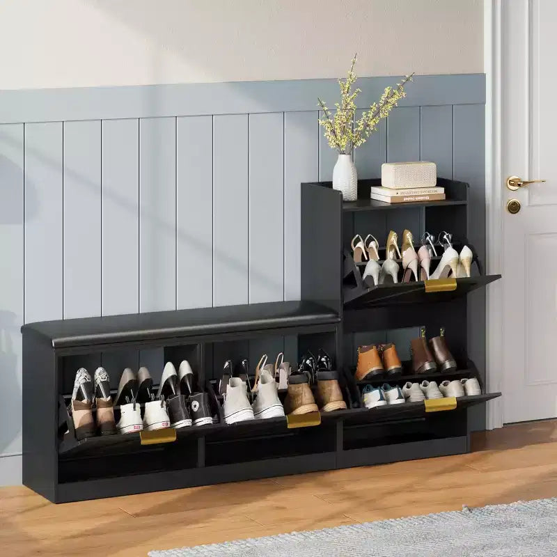 Schoenenkast met bankje en 4 klepladen – smalle halorganizer voor 35-40 paar