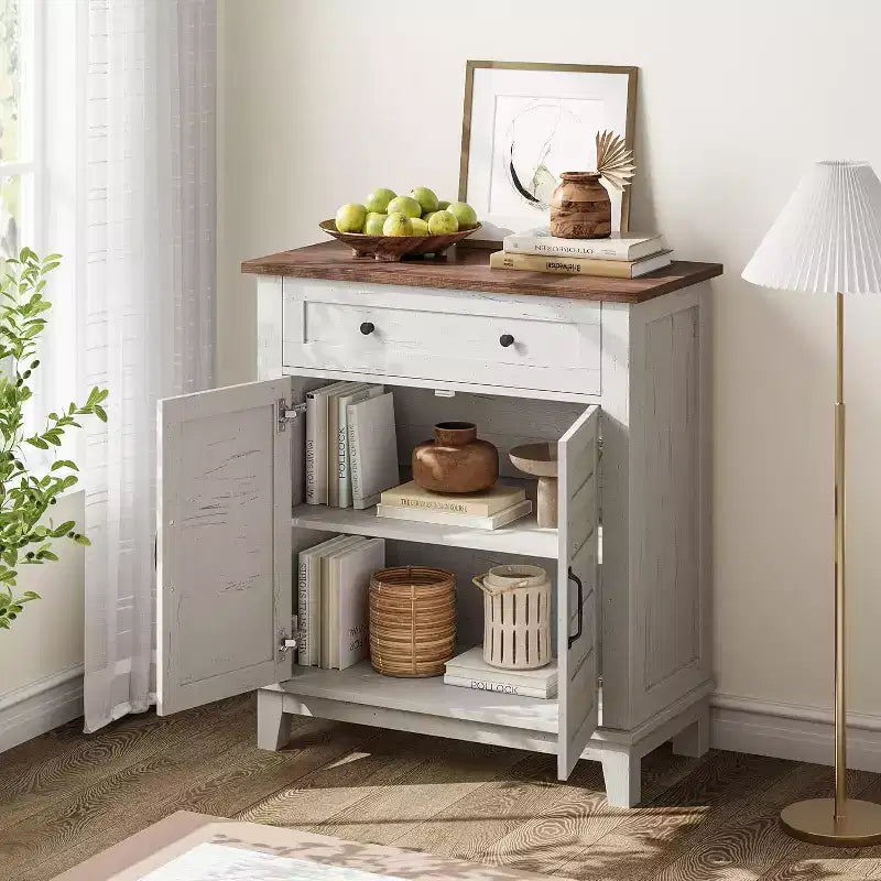 Rustikaler 80-cm-Stauraumschrank mit Lamellentüren, 3-fach höhenverstellbar, Doppeltürenschrank für Küche, Esszimmer und Homeoffice