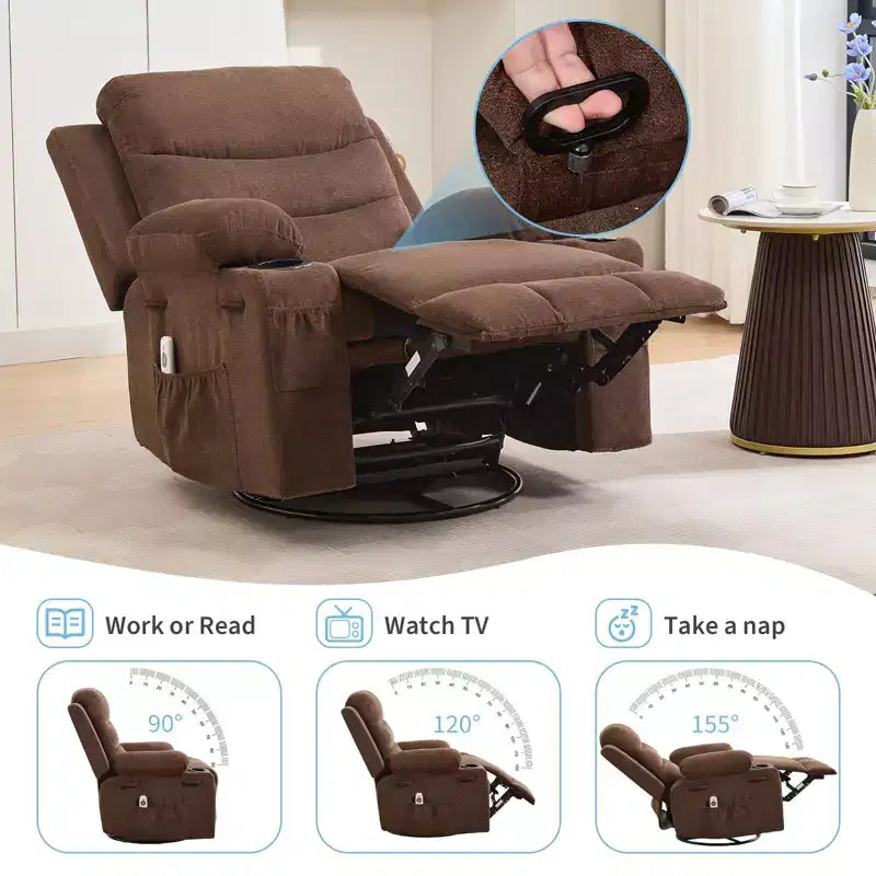 Poltrona reclinabile a dondolo girevole a 360° oversize con massaggio e calore - sedia lounge ergonomica con portabicchieri e tasche laterali per soggiorno e cameretta