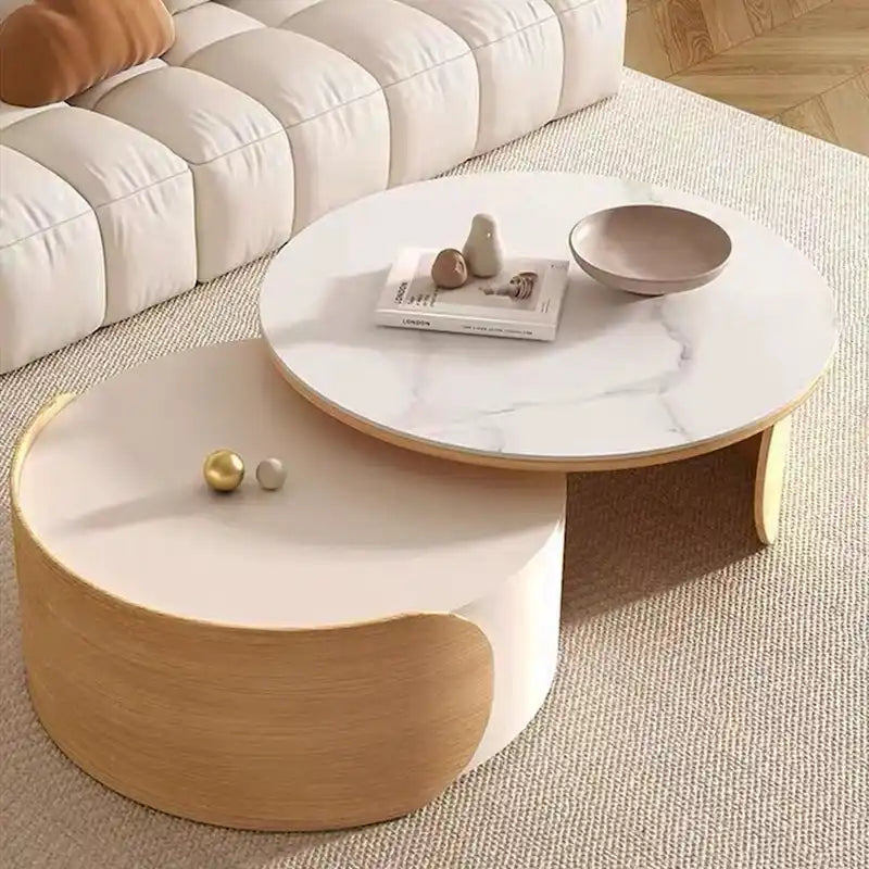 Tavolino da caffè rotondo moderno, piano in pietra, legno naturale - 50 x 31,5