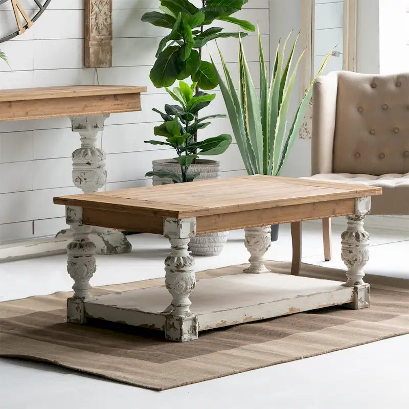 Rechthoekige salontafel van antiek witgewassen hout