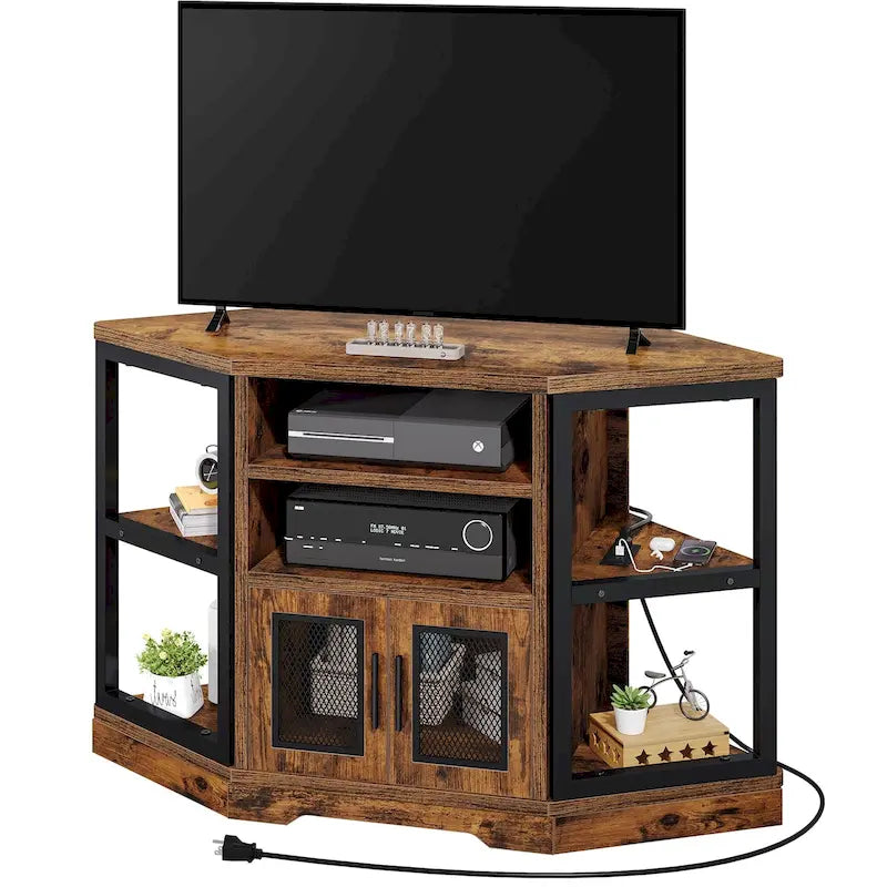 Mobile TV angolare in stile farmhouse, centro d'intrattenimento e consolle multimediale per TV fino a 55" con presa di corrente