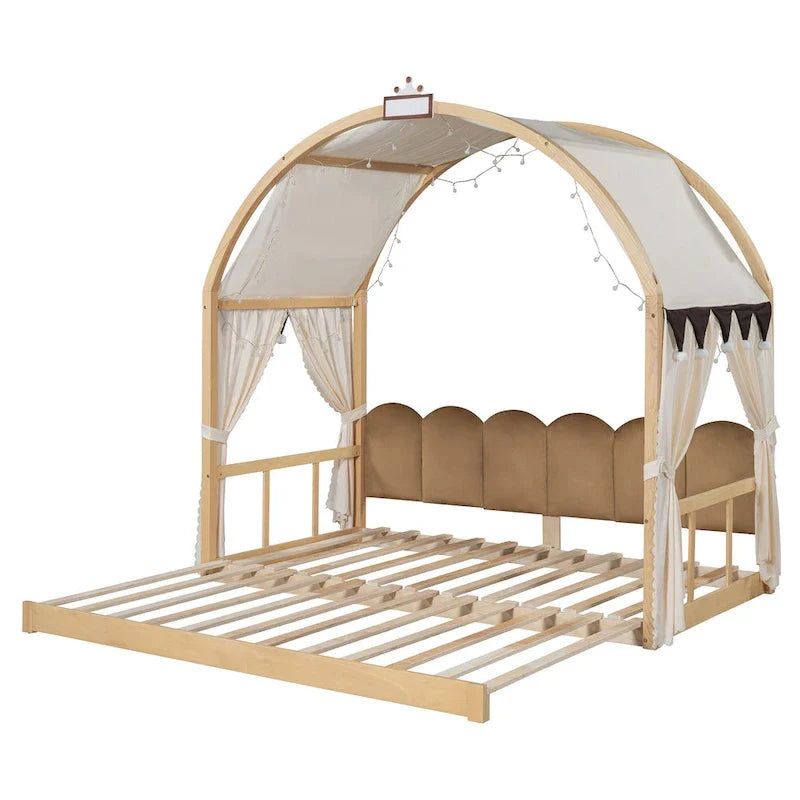Letto Montessori a piattaforma in legno massello a forma di casetta, con tetto ad arco e letto estraibile, per bambine e bambini