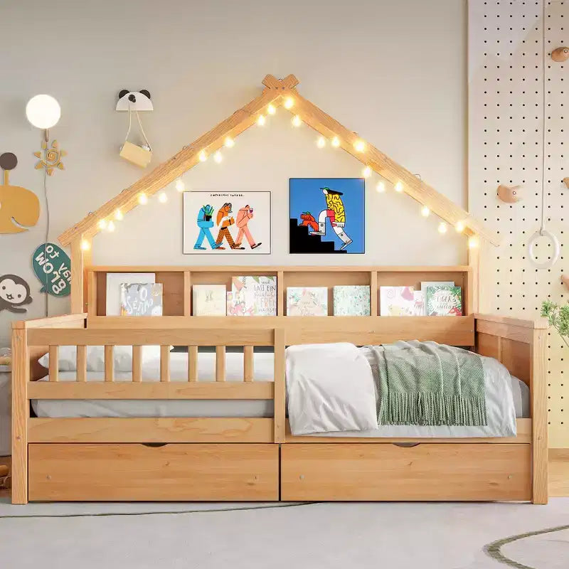 Struttura letto a casetta matrimoniale con cassetti, letto a piattaforma a casetta con luci LED, ripiani e cassetti contenitori, letto da giorno in legno con tetto e sponde di protezione