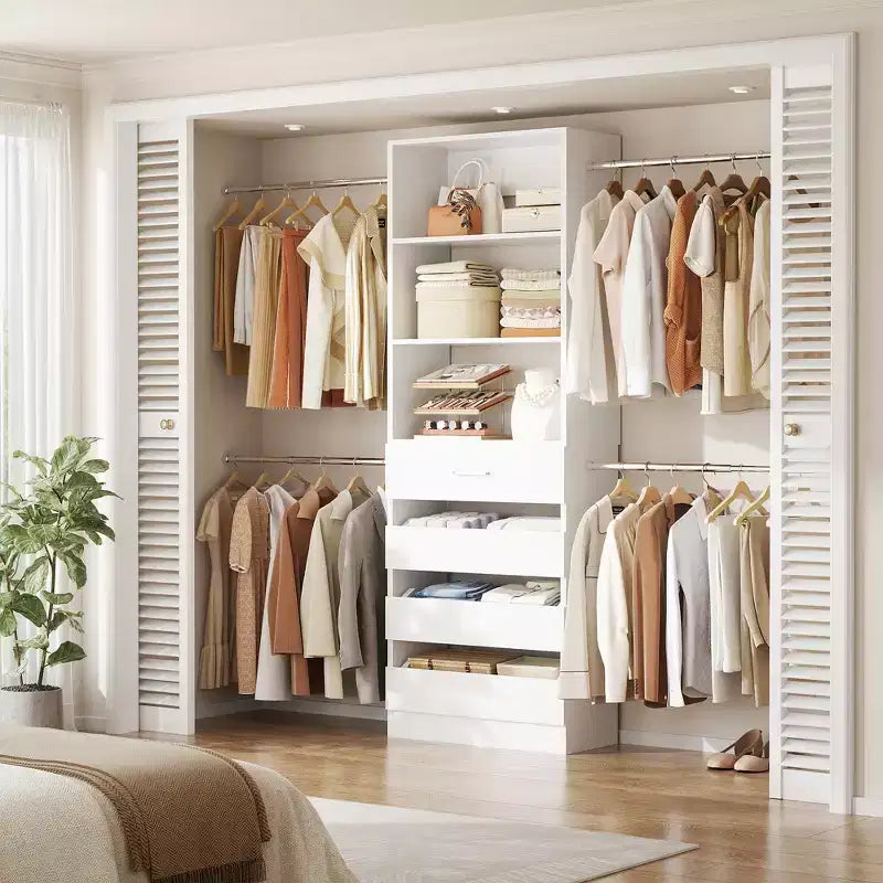 Sistema organizzatore per armadio in legno Besiost da 4-9 piedi, con 4 cassetti, 4 barre appendiabiti e moduli a ripiani