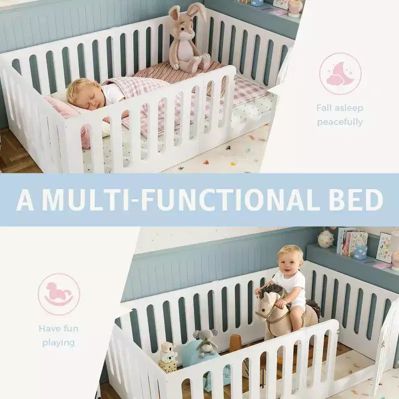 White Twin Montessori Floor Bed with Fence Rails & Door 鈥?Solid Wood, 1 Child